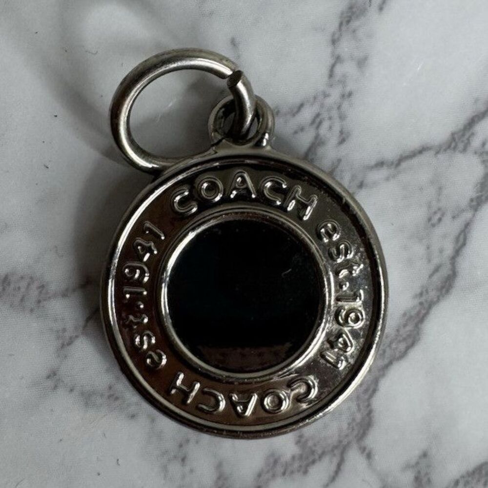Coach Women’s Silver/Black Metal Round Logo Key Chain Charm w/ Logo Accents